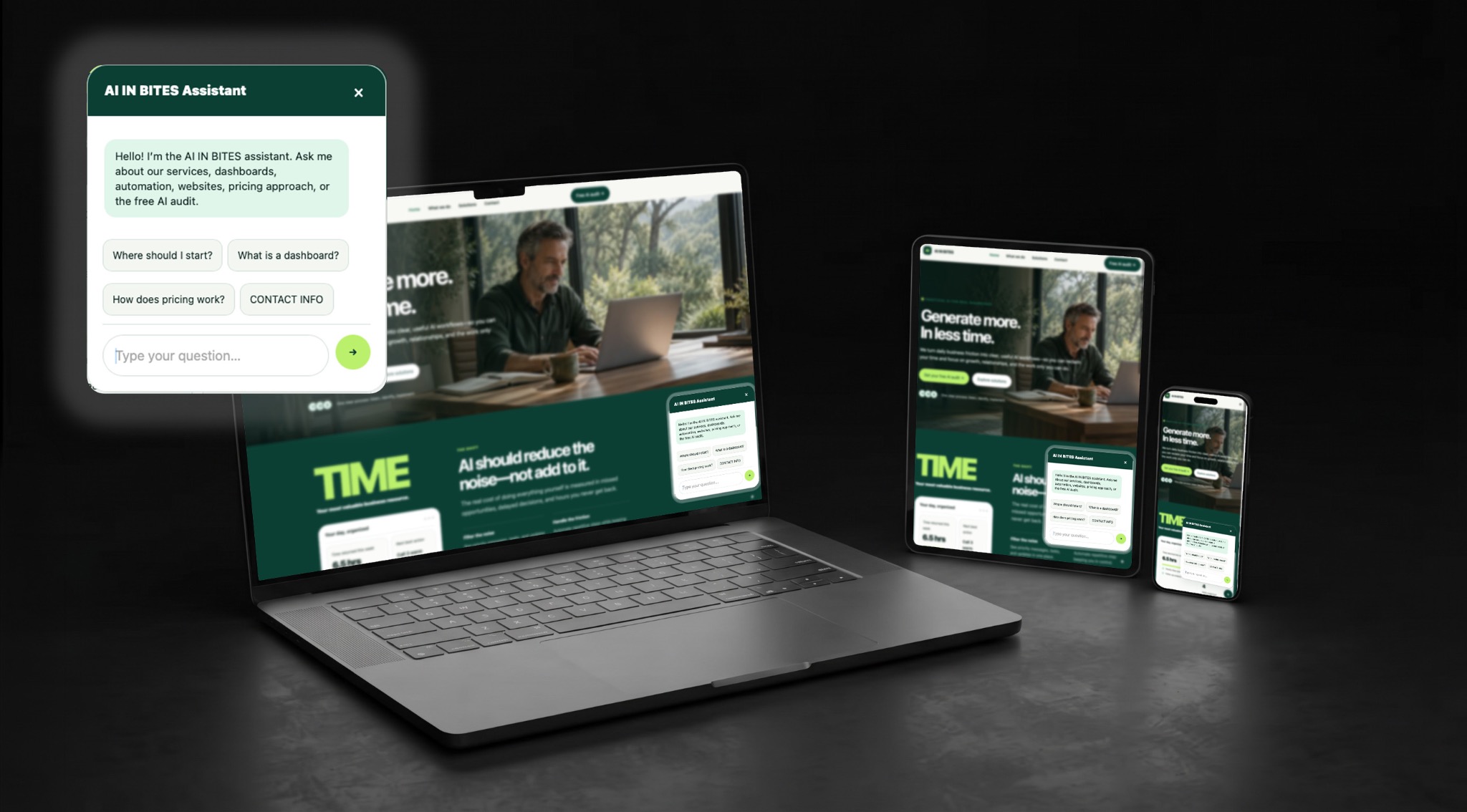 AI IN BITES website chatbot displayed across laptop, tablet, and phone