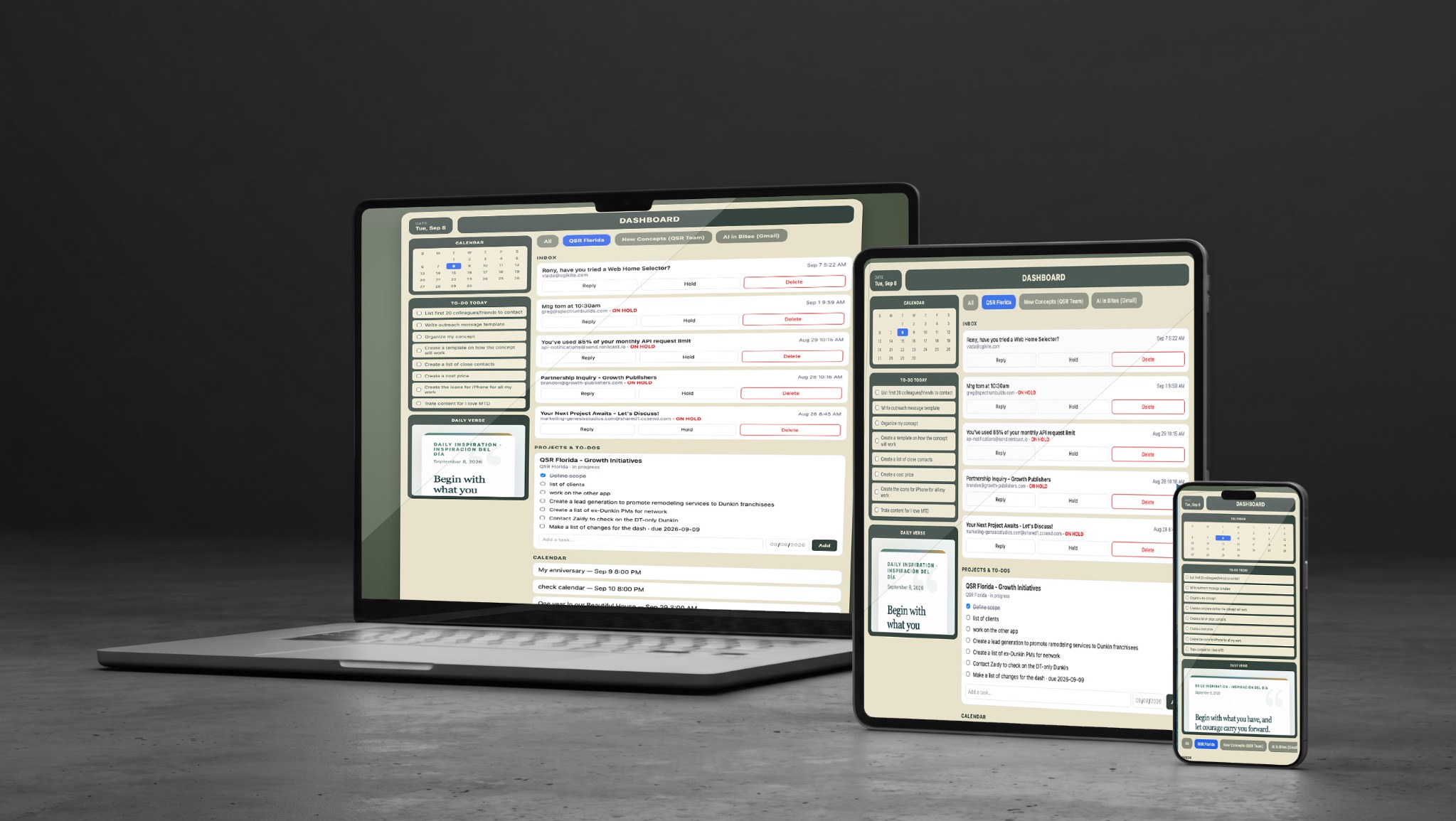 Unified AI IN BITES dashboard displayed across laptop, tablet, and phone